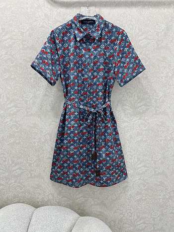 Kitlife Louis Vuitton 25 Cherry Print Belt Dress Blue Denim