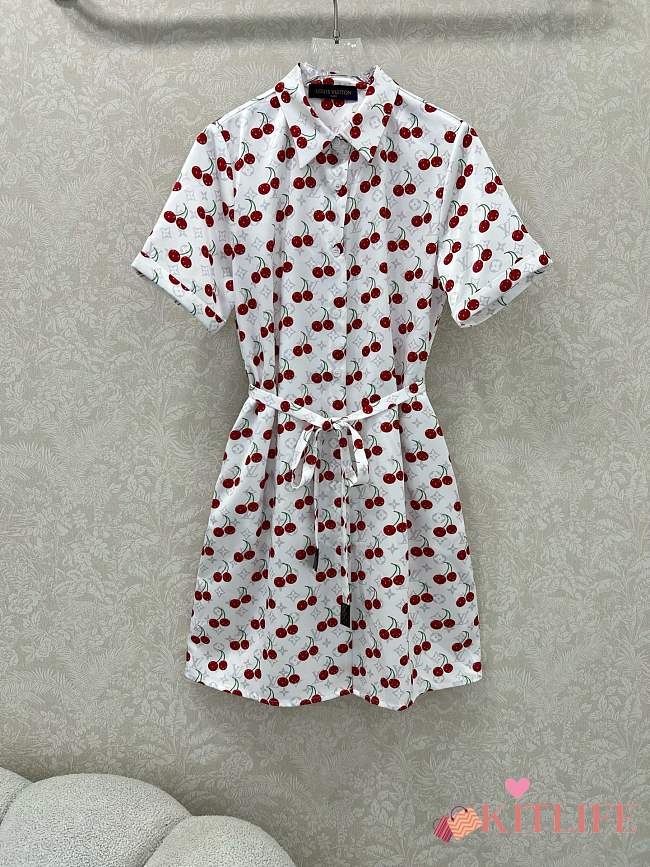 Kitlife Louis Vuitton 25 Cherry Print Belt Dress White - 1
