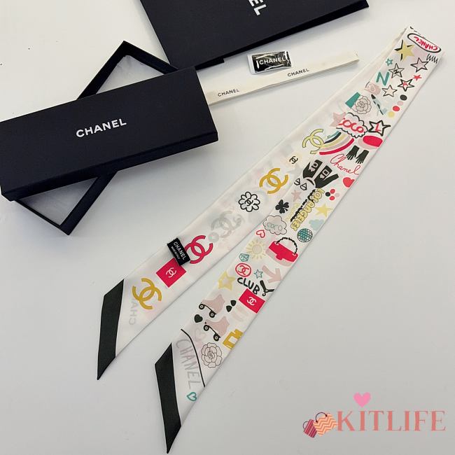 Kitlife Chanel Silk Scarf Multicolor White 120x6cm - 1