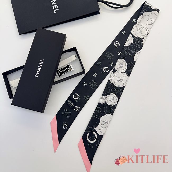 Kitlife Chanel Silk Scarf Camellia Black 120x6cm - 1