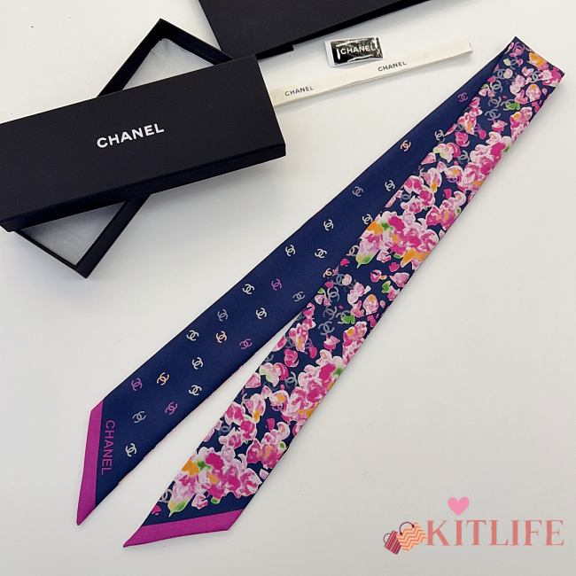 Kitlife Chanel Silk Scarf Flower Blue 120x6cm - 1