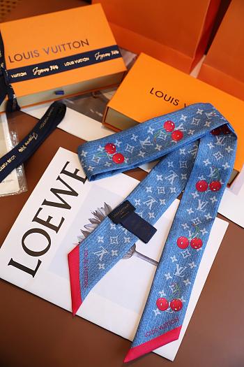 Kitlife Louis Vuitton x TM Denim Cerise Silk Scarf Blue 5x120cm 