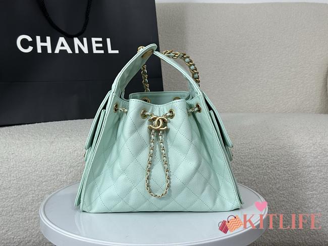 Kitlife Chanel 25C Drawstring Bucket Hobo Bag Green Grained Leather 30×26×14cm - 1