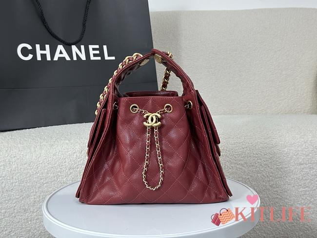 Kitlife Chanel 25C Drawstring Bucket Hobo Bag Burgundy Grained Leather 30×26×14cm - 1