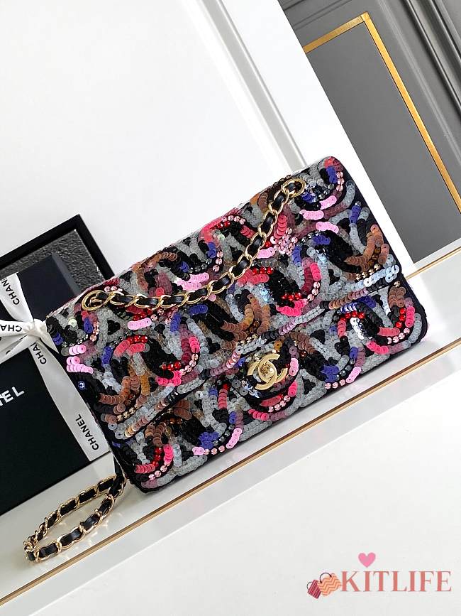 Kitlife Chanel Sequined Flap Bag Black Multicolor 15.5x25.5x6.5cm - 1