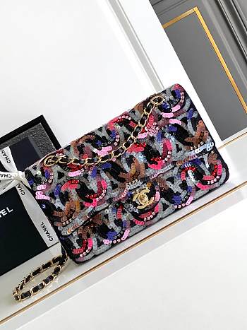 Kitlife Chanel Sequined Flap Bag Black Multicolor 15.5x25.5x6.5cm