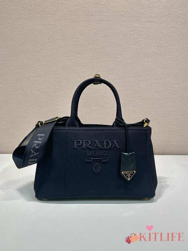 Kitlife Prada Jardinière Medium Cotton Canvas Handbag Black 1BG554 33x20x18cm - 1