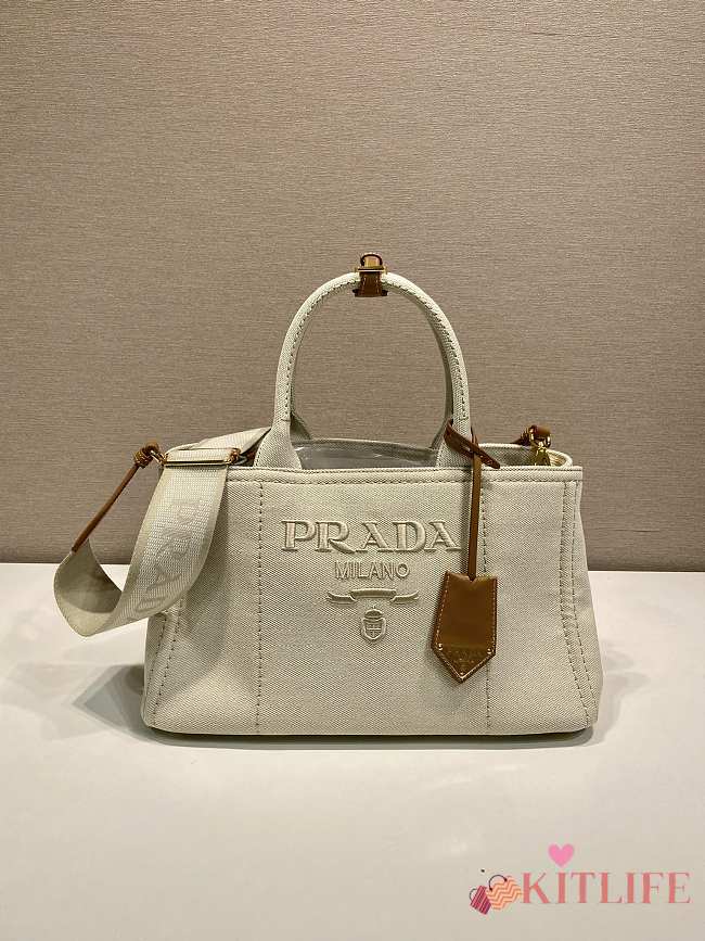 Kitlife Prada Jardinière Medium Cotton Canvas Handbag White 1BG554 33x20x18cm - 1