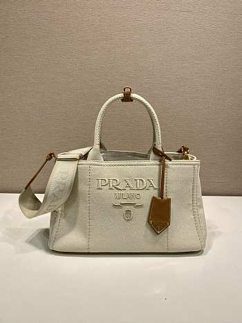Kitlife Prada Jardinière Medium Cotton Canvas Handbag White 1BG554 33x20x18cm