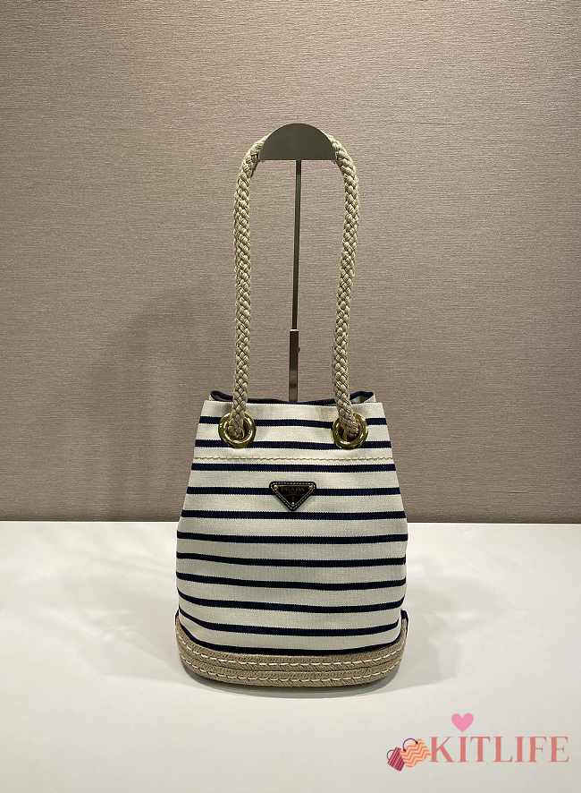 Kitlife Prada Mariner Small Striped Fabric Bucket Bag White & Dark Blue 1BE082 28x23.5x15cm - 1