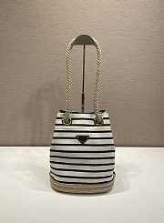 Kitlife Prada Mariner Small Striped Fabric Bucket Bag White & Dark Blue 1BE082 28x23.5x15cm - 1