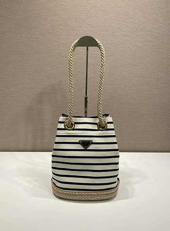 Kitlife Prada Mariner Small Striped Fabric Bucket Bag White & Dark Blue 1BE082 28x23.5x15cm