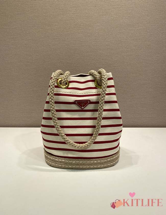 Kitlife Prada Mariner Small Striped Fabric Bucket Bag White & Red 1BE082 28x23.5x15cm - 1