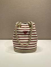 Kitlife Prada Mariner Small Striped Fabric Bucket Bag White & Red 1BE082 28x23.5x15cm - 1