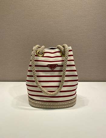 Kitlife Prada Mariner Small Striped Fabric Bucket Bag White & Red 1BE082 28x23.5x15cm