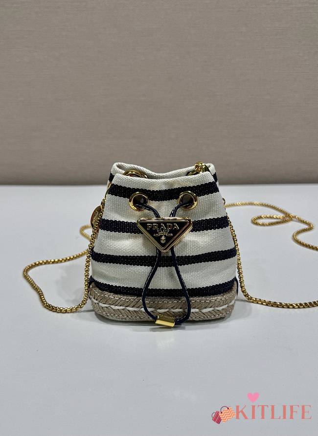 Kitlife Prada Striped Fabric Bucket Bag White & Dark Blue 1NR016 9x9.5x6cm - 1