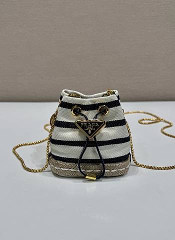 Kitlife Prada Striped Fabric Bucket Bag White & Dark Blue 1NR016 9x9.5x6cm