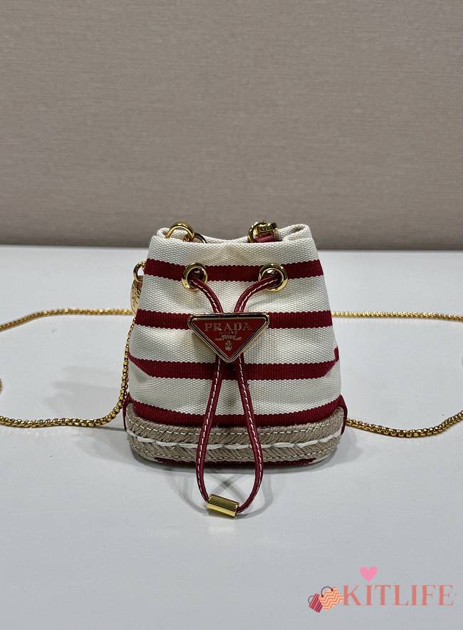 Kitlife Prada Striped Fabric Bucket Bag White & Red 1NR016 9x9.5x6cm - 1
