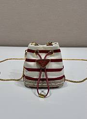 Kitlife Prada Striped Fabric Bucket Bag White & Red 1NR016 9x9.5x6cm - 1