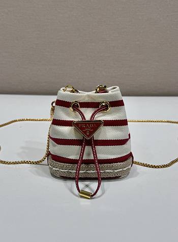 Kitlife Prada Striped Fabric Bucket Bag White & Red 1NR016 9x9.5x6cm
