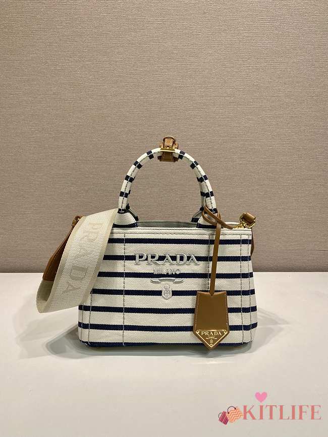 Kitlife Prada Jardinière Striped Cotton Canvas Mini Bag White & Dark Blue 1BA038 22x15x13cm - 1