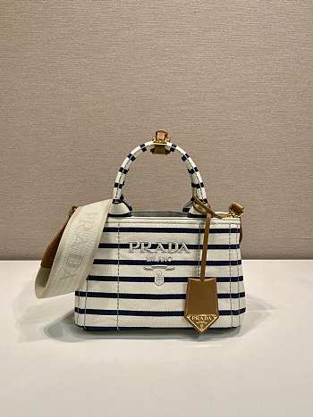 Kitlife Prada Jardinière Striped Cotton Canvas Mini Bag White & Dark Blue 1BA038 22x15x13cm