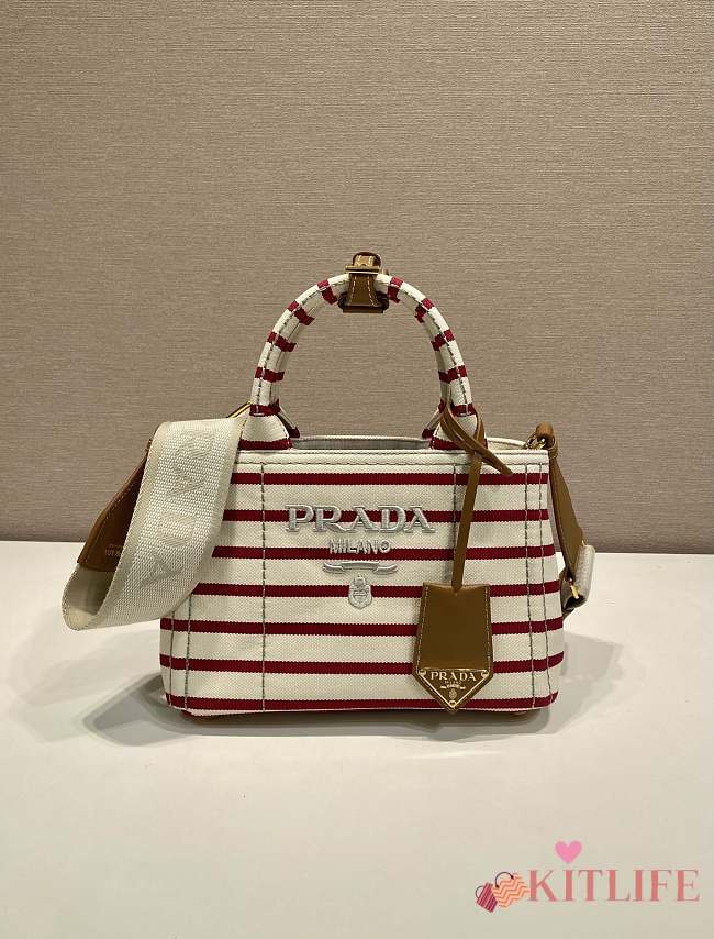 Kitlife Prada Jardinière Striped Cotton Canvas Mini Bag White & Red 1BA038 22x15x13cm - 1