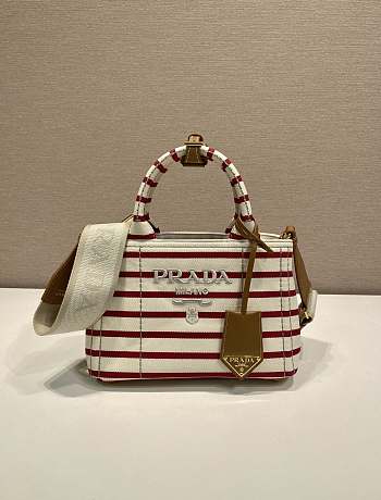 Kitlife Prada Jardinière Striped Cotton Canvas Mini Bag White & Red 1BA038 22x15x13cm
