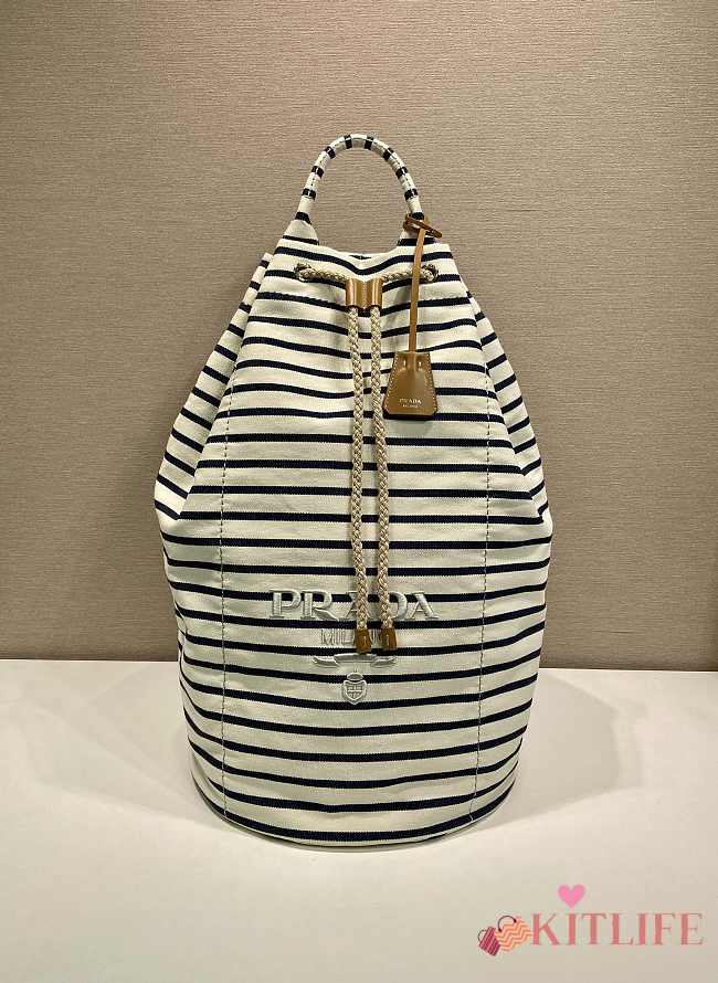 Kitlife Prada Striped Canvas Drawstring Duffel Bag White & Dark Blue 2VY011 34x55x34cm - 1