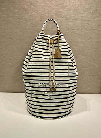 Kitlife Prada Striped Canvas Drawstring Duffel Bag White & Dark Blue 2VY011 34x55x34cm