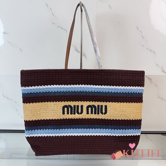 Kitlife Miu Miu Brown Raffia Straw And Cotton Woven Tote Bag 5BG228 40x34x16cm - 1