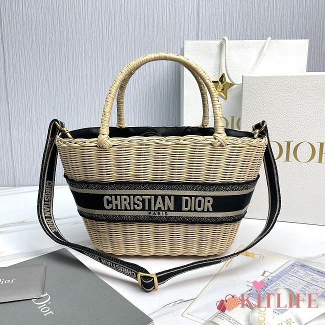 Kitlife Dior Natural Wicker and Blue Oblique Print Fabric Bag 35x20.5x11cm - 1
