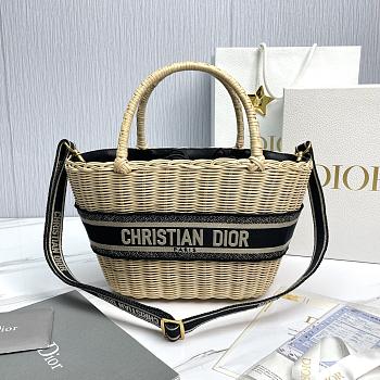 Kitlife Dior Natural Wicker and Blue Oblique Print Fabric Bag 35x20.5x11cm