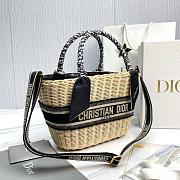 Kitlife Dior Natural Wicker and Blue Oblique Print Fabric Bag 35x20.5x11cm - 3