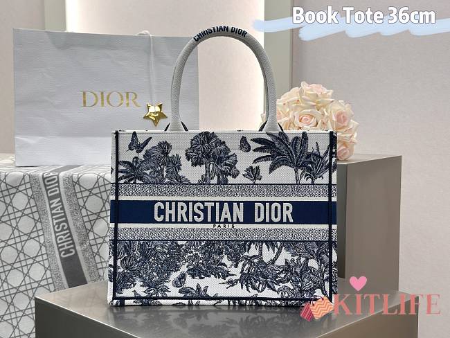 Kitlife Dior Palms Jouy Embroidery Medium Book Tote White & Dark Blue 36x27.5x16.5cm - 1