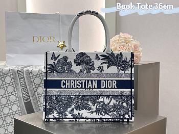 Kitlife Dior Palms Jouy Embroidery Medium Book Tote White & Dark Blue 36x27.5x16.5cm