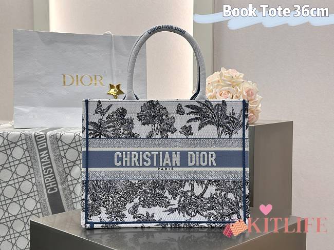 Kitlife Dior Palms Jouy Embroidery Medium White, Blue & Black Book Tote 36x27.5x16.5cm - 1