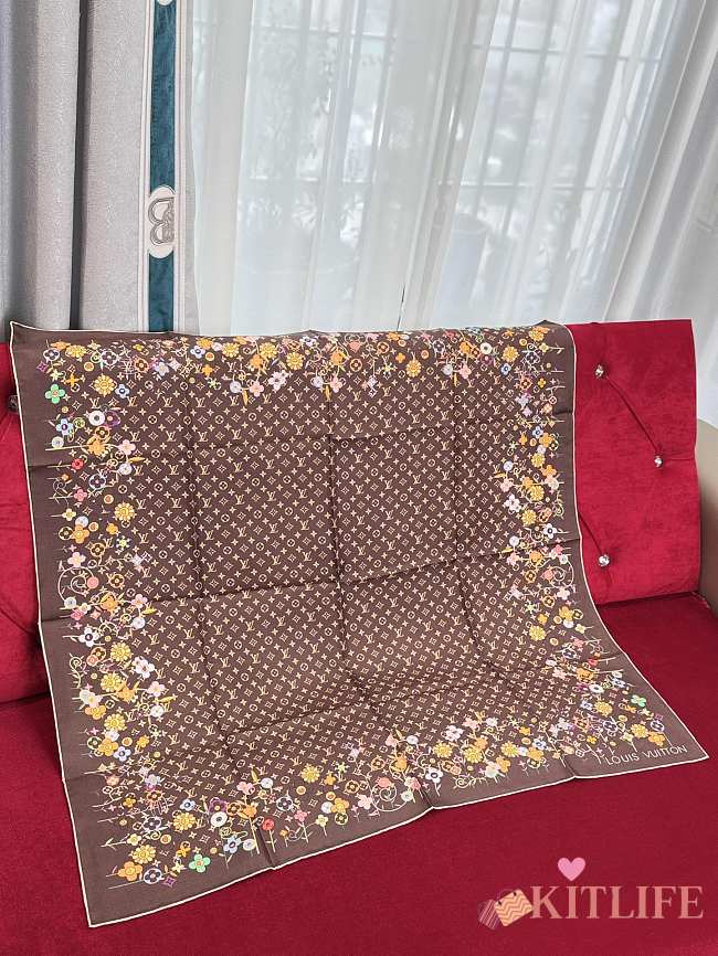 Kitlife Louis Vuitton x TM Monogram Superflat Flowers Square Scarf Brown 90x90cm - 1