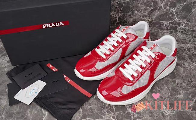 Kitlife Prada America's Cup Red Patent Leather and Grey Technical Fabric Sneakers - 1