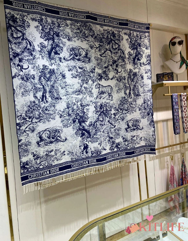 Kitlife Dior Embroidery Pattern Scarf White and Blue 140x140cm - 1