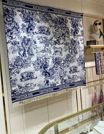 Kitlife Dior Embroidery Pattern Scarf White and Blue 140x140cm