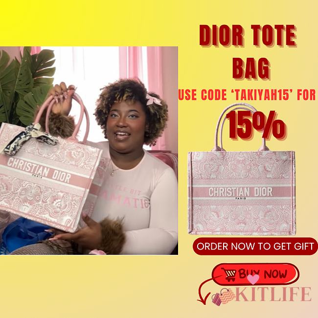 Kitlife Dior Medium Book Tote Pink Butterfly 36.5x28x14cm - 1