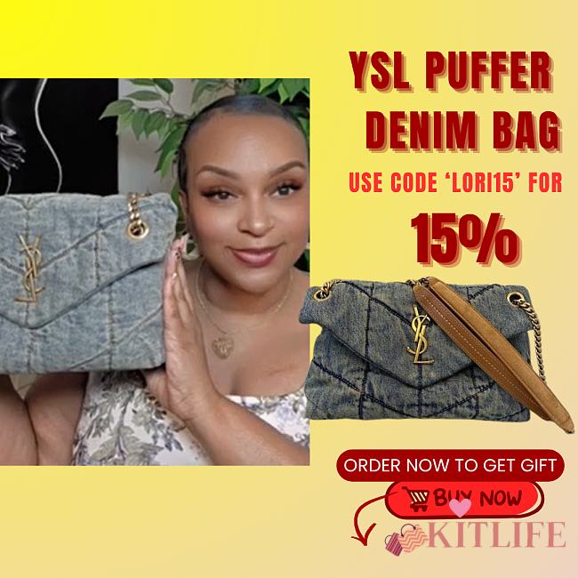 	 KITLIFE YSL PUFFER MEDIUM CHAIN BAG IN QUILTED VINTAGE DENIM AND SUEDE - 29-17-11cm - 1
