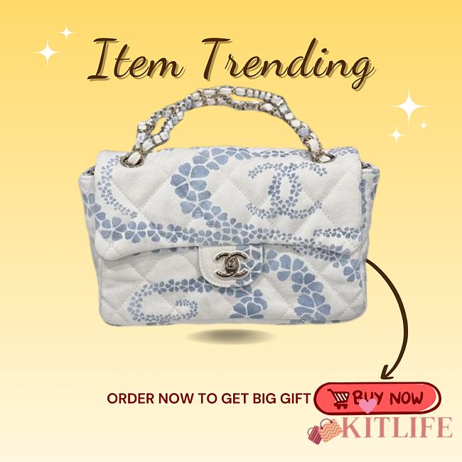 Kitlife Chanel Flap Bag Printed Denim & Gold-Tone Metal  White & Blue 15x24x6.5cm - 1