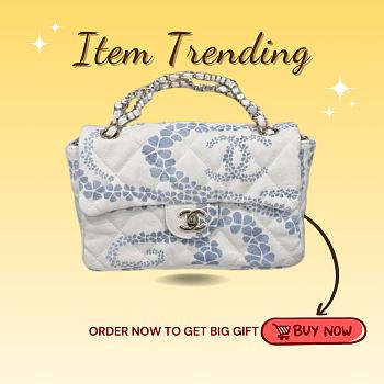 Kitlife Chanel Flap Bag Printed Denim & Gold-Tone Metal  White & Blue 15x24x6.5cm