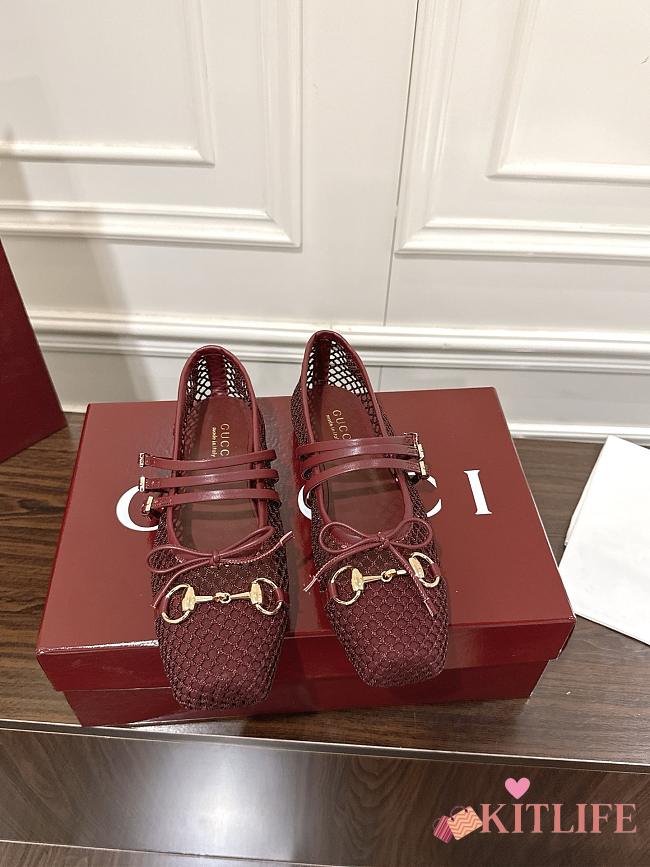 Kitlife Gucci Horsebit-detailed Red Leather-trimmed Mesh Ballet Flat Shoes - 1
