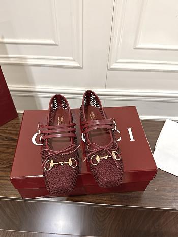 Kitlife Gucci Horsebit-detailed Red Leather-trimmed Mesh Ballet Flat Shoes
