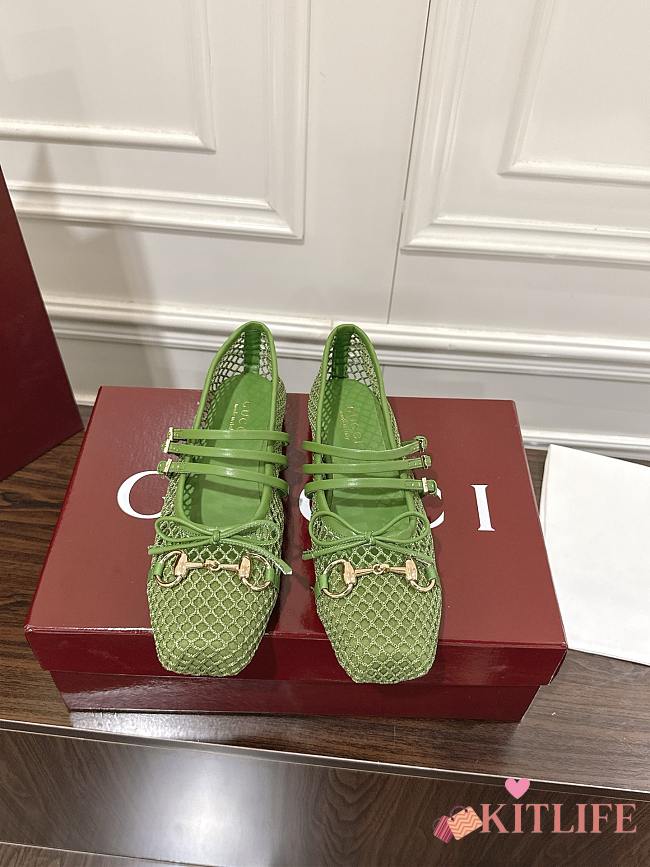 Kitlife Gucci Horsebit-detailed Green Leather-trimmed Mesh Ballet Flat Shoes - 1