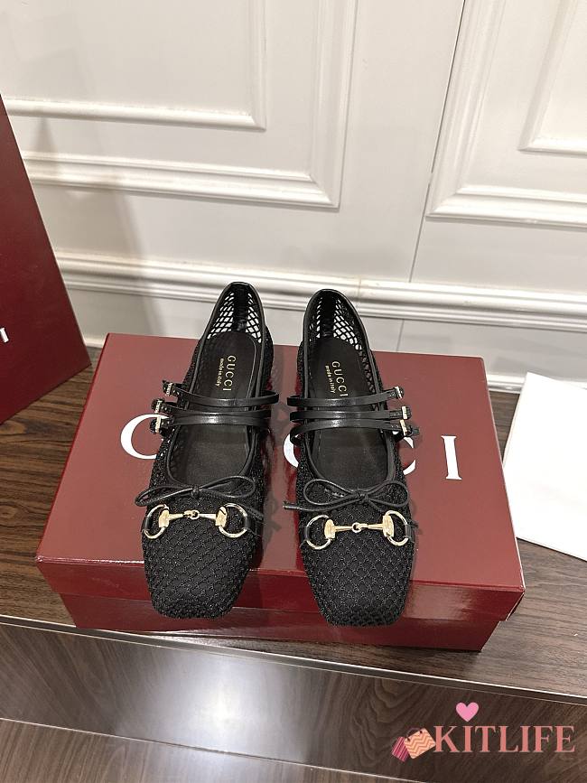 Kitlife Gucci Horsebit-detailed Black Leather-trimmed Mesh Ballet Flat Shoes - 1
