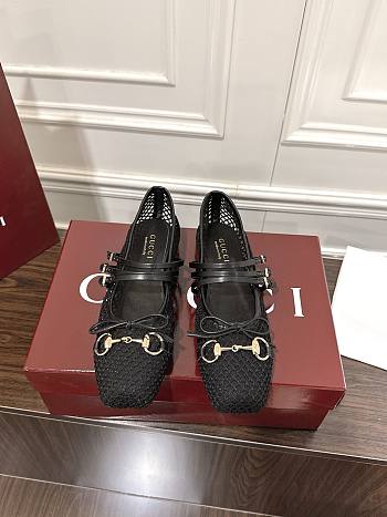 Kitlife Gucci Horsebit-detailed Black Leather-trimmed Mesh Ballet Flat Shoes